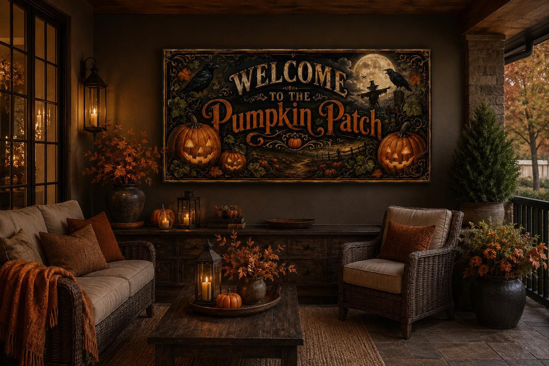Vintage Pumpkin Patch Halloween sign on a cozy porch with jack-o-lanterns and autumn decor.