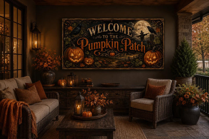 Vintage Pumpkin Patch Halloween sign on a cozy porch with jack-o-lanterns and autumn decor.