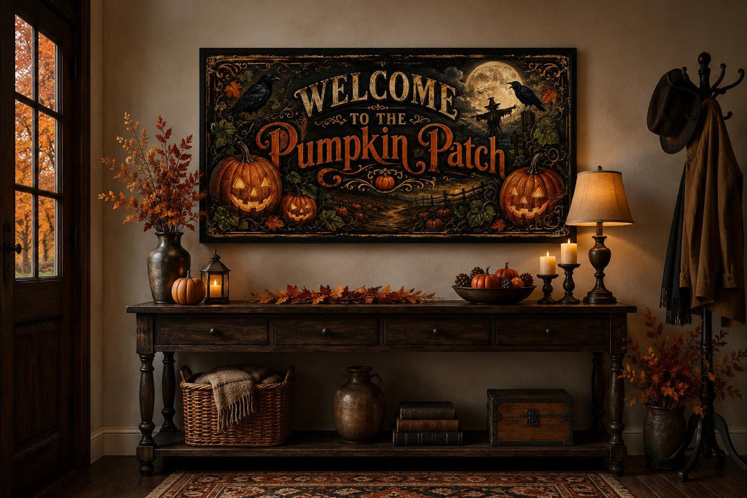 Vintage Pumpkin Patch Halloween sign on a canvas, displayed above a decorated entryway table.