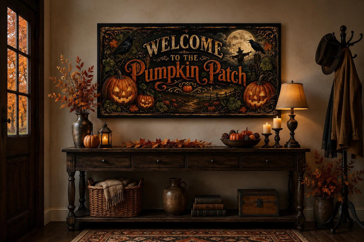 Vintage Pumpkin Patch Halloween sign on a canvas, displayed above a decorated entryway table.