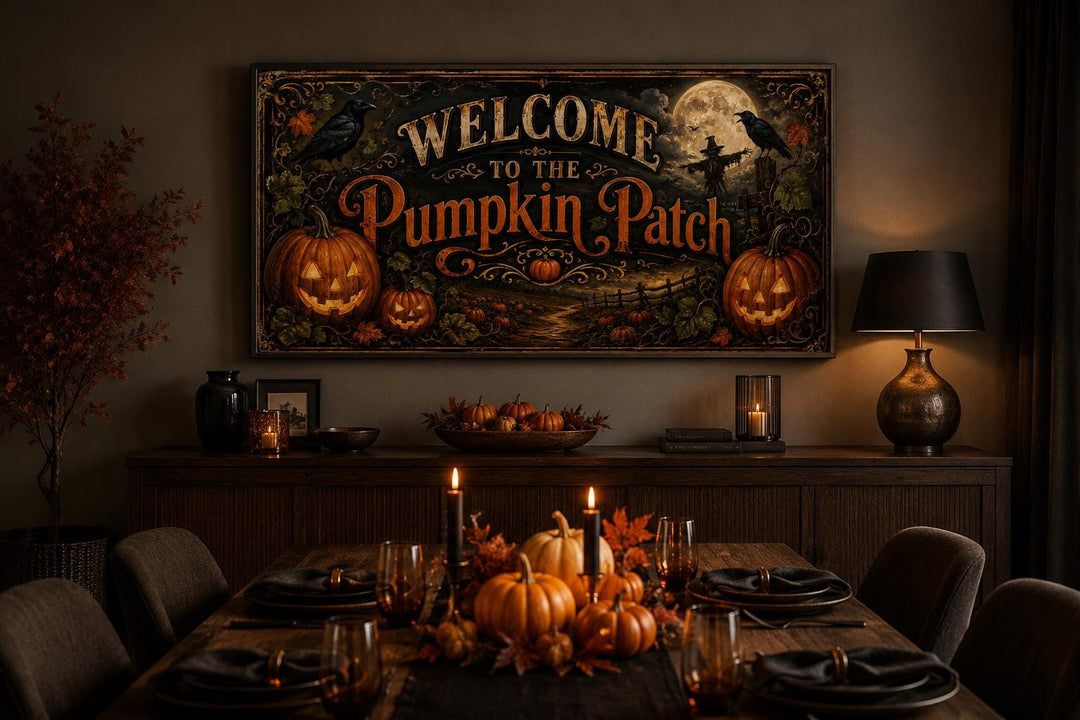 Vintage Pumpkin Patch Halloween canvas sign above a decorated dining table with pumpkins and candles.