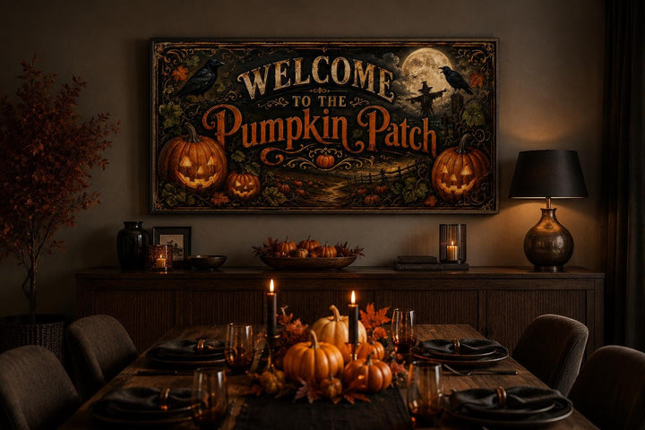 Vintage Pumpkin Patch Halloween canvas sign above a decorated dining table with pumpkins and candles.