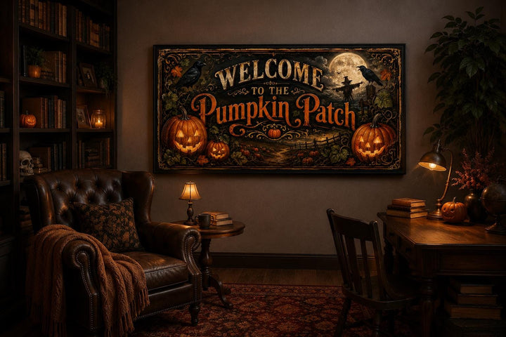 Vintage Pumpkin Patch Halloween canvas sign above a leather armchair in a cozy, dark library.