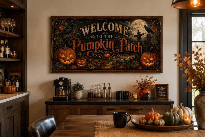 Vintage Pumpkin Patch Halloween sign hanging above a coffee bar with fall decor and pumpkins.