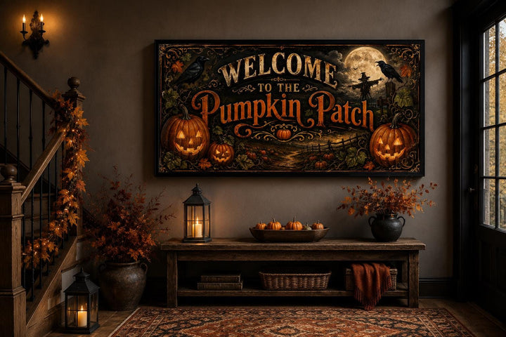 Vintage Pumpkin Patch Halloween sign hanging in a decorated entryway with pumpkins and lanterns.