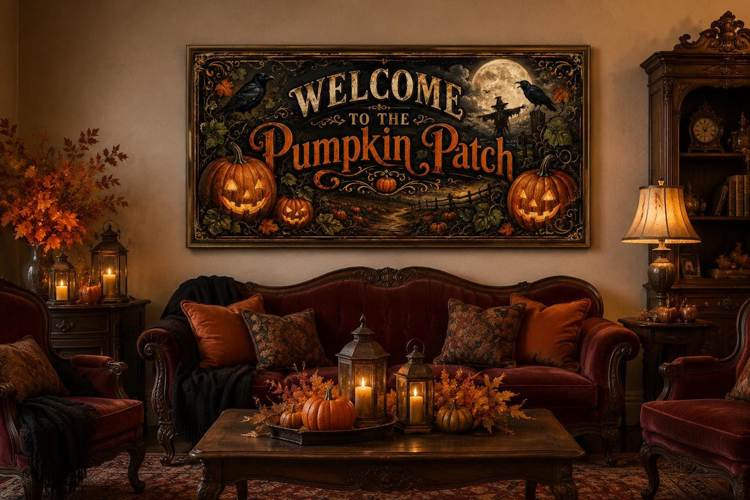 Vintage Pumpkin Patch Halloween sign above a velvet sofa with pumpkins and lanterns on a table.