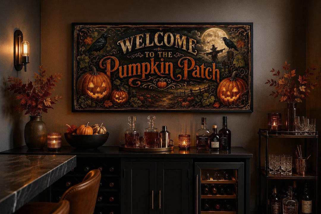 Vintage Pumpkin Patch Halloween canvas sign hanging above a dark wood home bar with autumn decor.