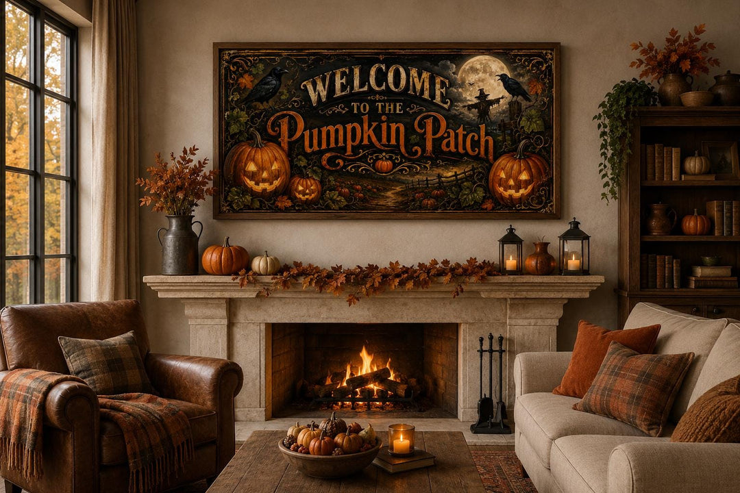Vintage Pumpkin Patch Halloween sign hanging above a fireplace mantel with fall decor.