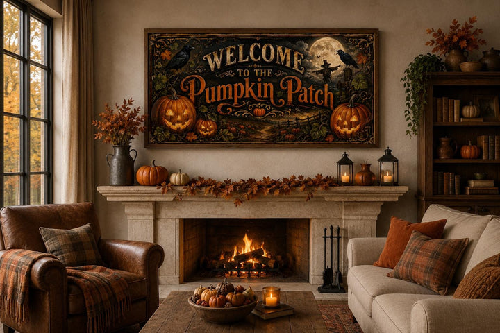 Vintage Pumpkin Patch Halloween sign hanging above a fireplace mantel with fall decor.