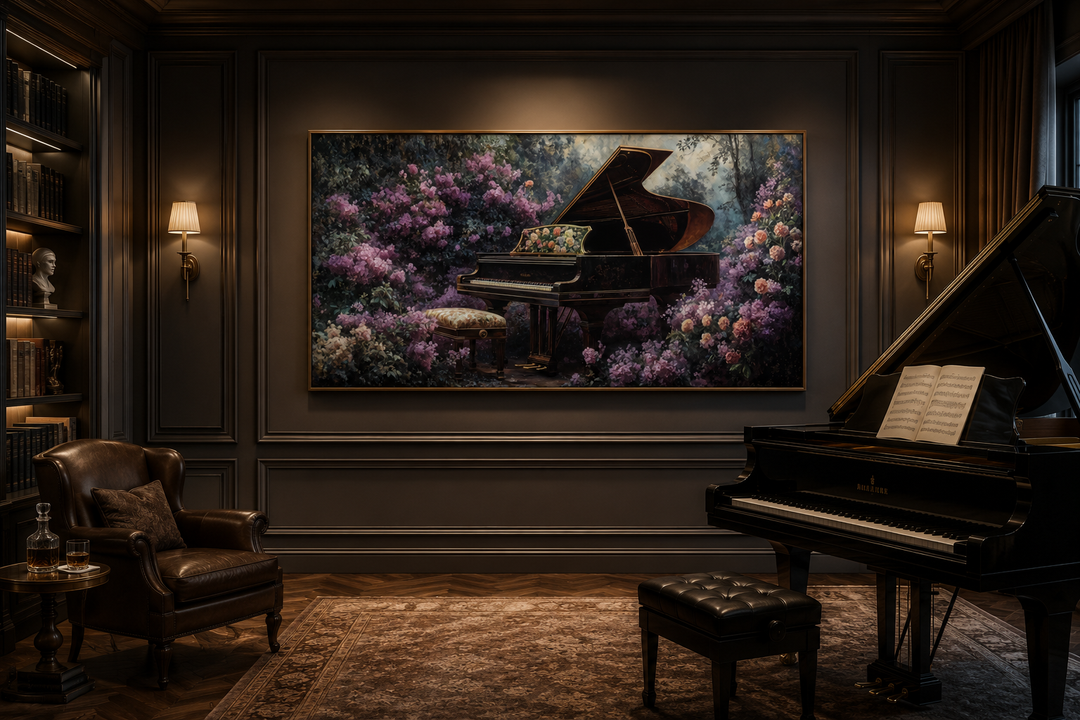 Canvas art of a grand piano in a purple floral garden, hung in a dark, classic music room.