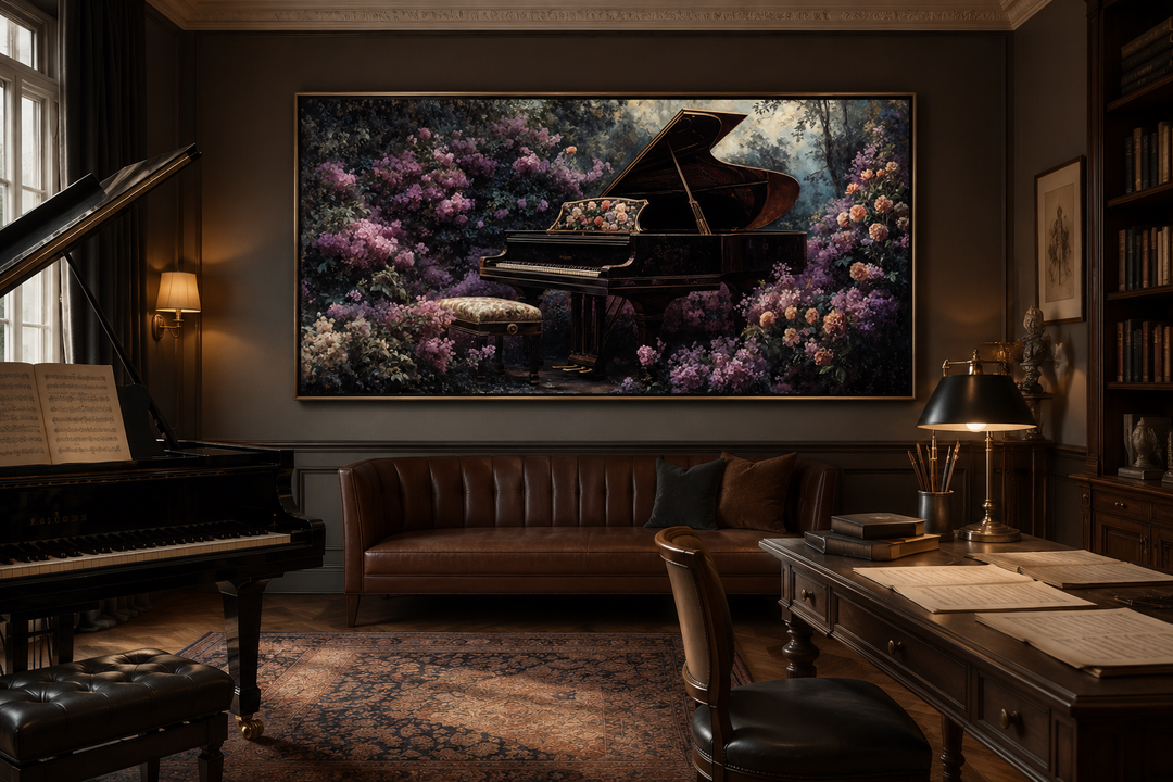 Large canvas wall art of a grand piano in a purple floral garden, hung in a classic music room.