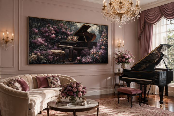 Purple floral grand piano canvas wall art hanging in an elegant music room above a cream sofa.