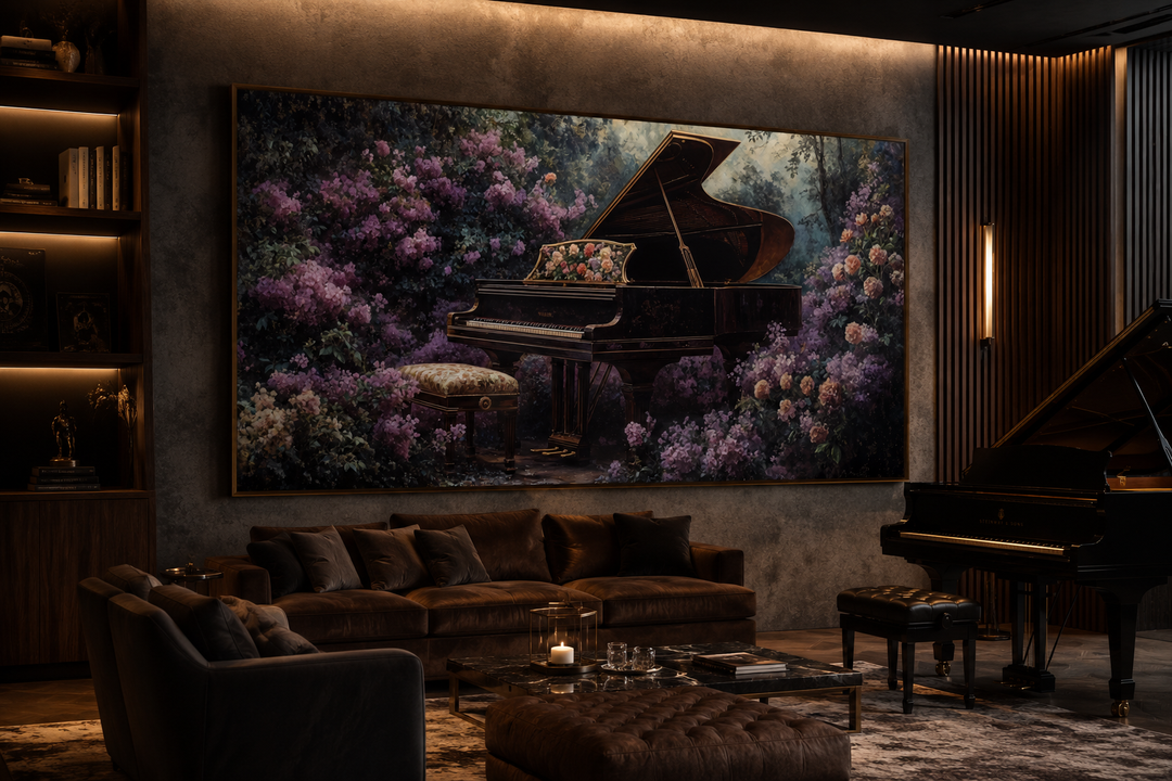 Large horizontal canvas print of a grand piano in a purple floral garden above a brown sofa.