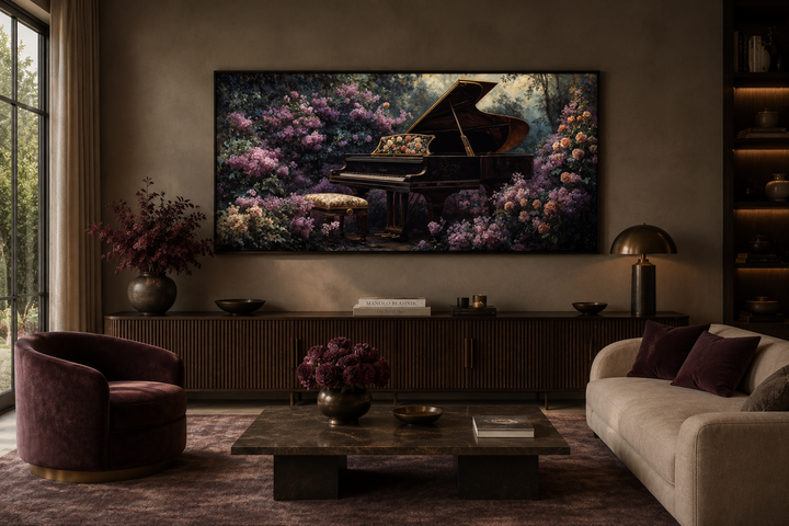 Canvas print of a grand piano in a lush purple floral garden, displayed above a wooden sideboard.