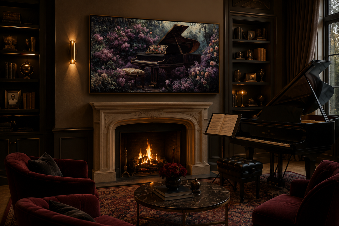 Canvas print of a grand piano in a purple floral garden, hanging above a fireplace in a music room.