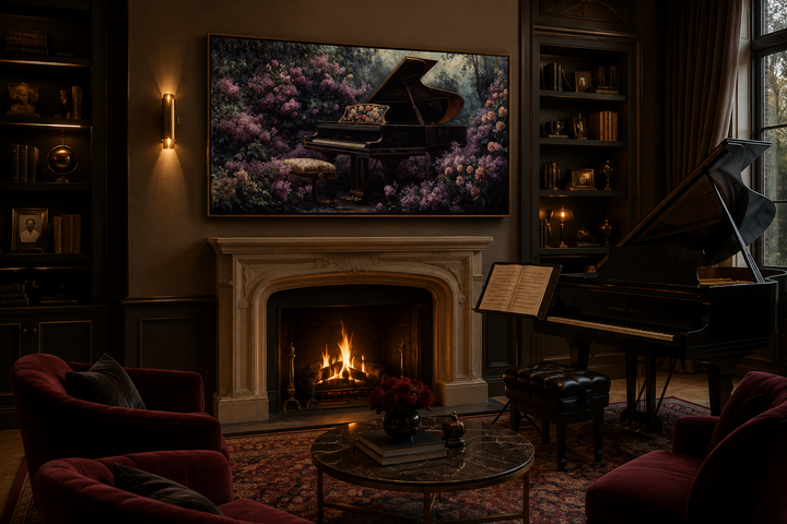 Canvas print of a grand piano in a purple floral garden, hanging above a fireplace in a music room.