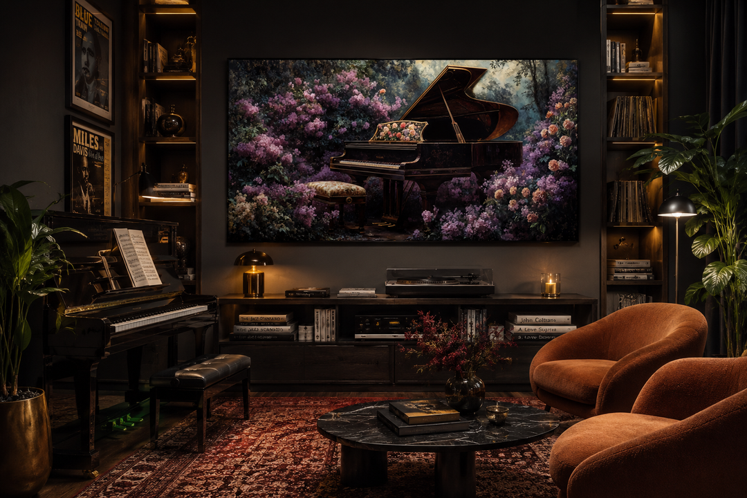 Large canvas print of a grand piano surrounded by purple flowers in a moody music room.
