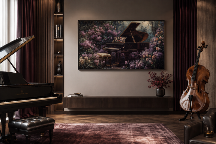 Horizontal canvas print of a grand piano surrounded by purple flowers in a music room setting.