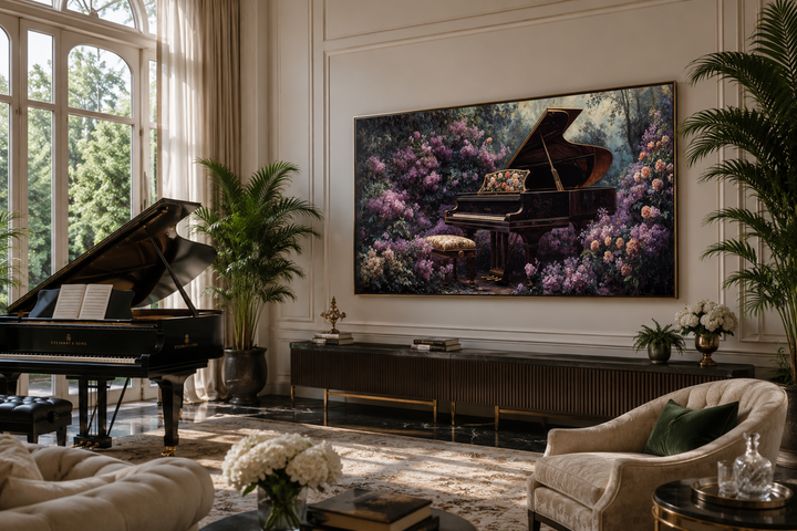 Large horizontal canvas print of a grand piano surrounded by purple flowers in an elegant room.
