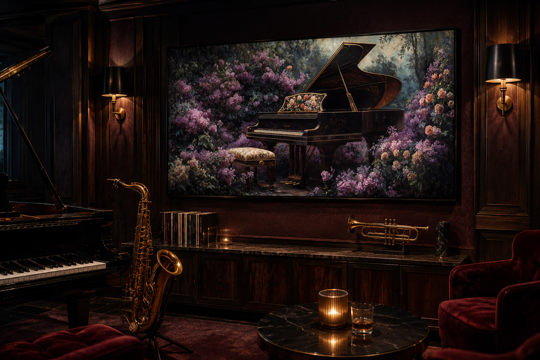 Canvas print of a grand piano in a purple floral garden, displayed in a dark wood music room.