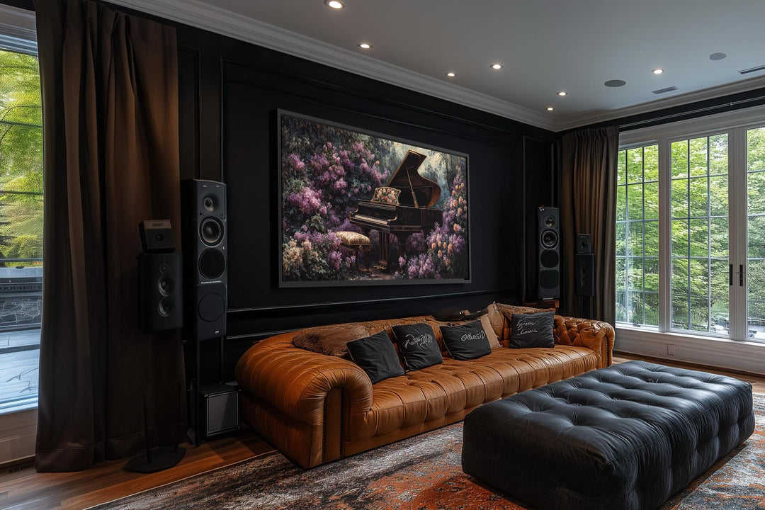 A framed canvas print of a grand piano surrounded by purple flowers hangs in a dark, modern room.