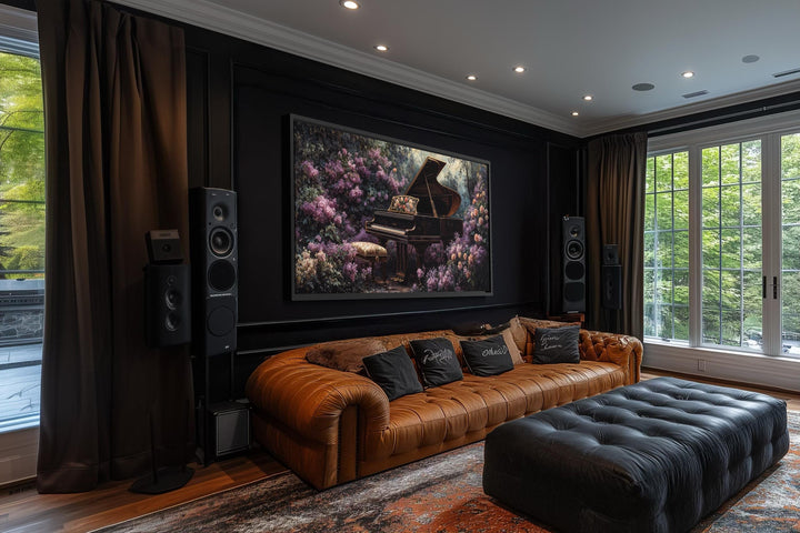 A framed canvas print of a grand piano surrounded by purple flowers hangs in a dark, modern room.