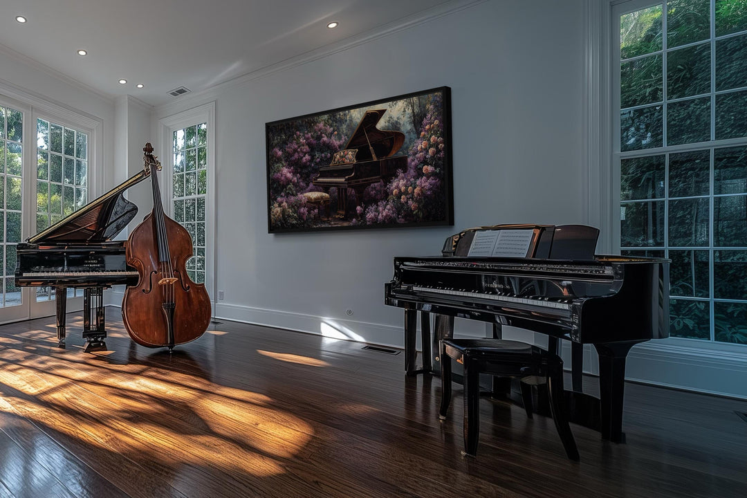 Purple Floral Grand Piano Wall Art canvas print in a music room with two pianos and a double bass.