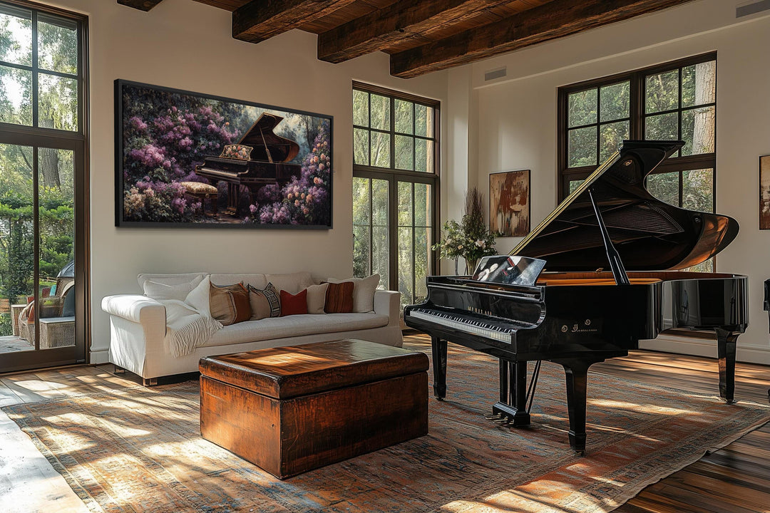 A wide canvas print of a grand piano surrounded by purple flowers hangs in an elegant music room.