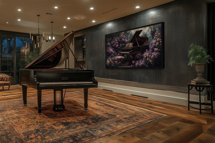 A framed canvas print of a grand piano surrounded by purple flowers hangs in a modern music room.