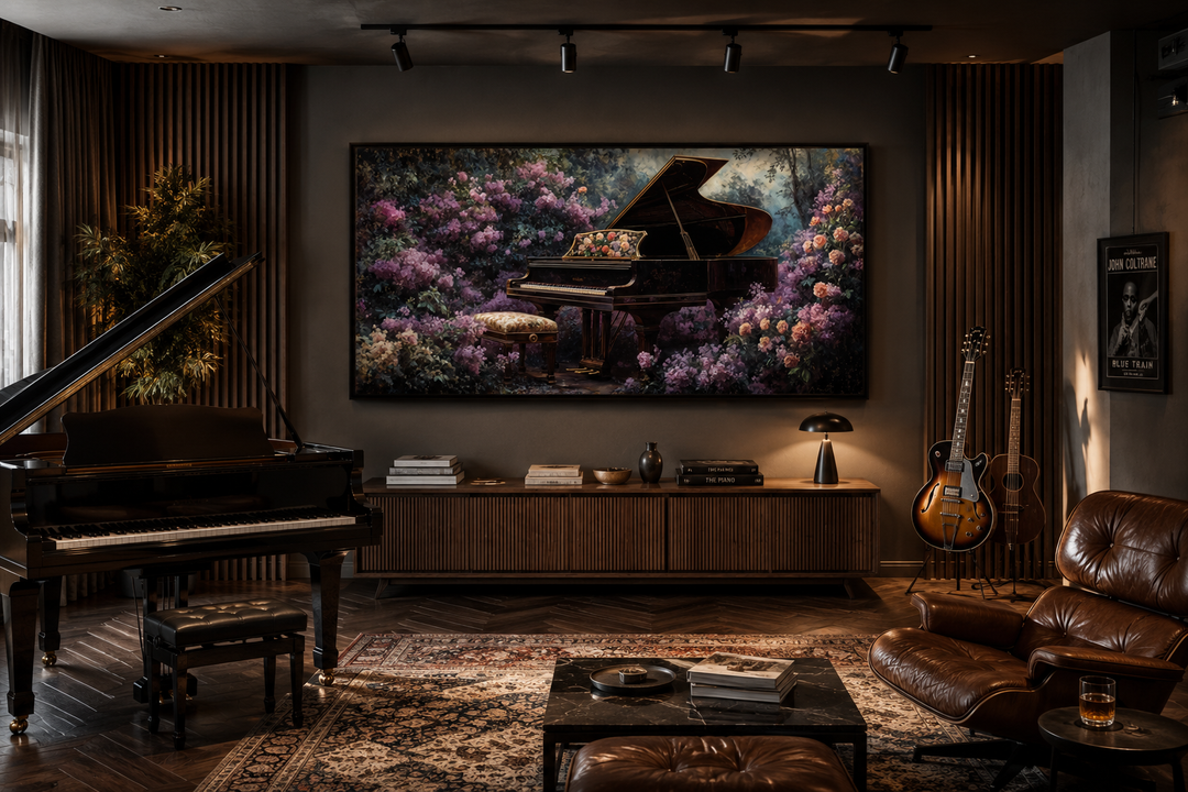 Canvas print of a grand piano in a purple floral garden, displayed in a modern music room.