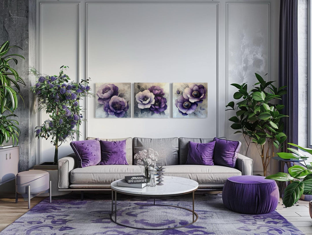 Purple Floral Wall Art – Set of Three Floral Canvas Prints | Modern Botanical Artwork