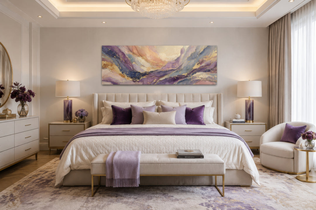 Purple and gold marble abstract framed canvas wall art displayed above a bed in a modern bedroom.