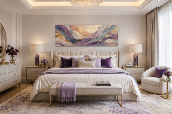 Purple and gold marble abstract framed canvas wall art displayed above a bed in a modern bedroom.