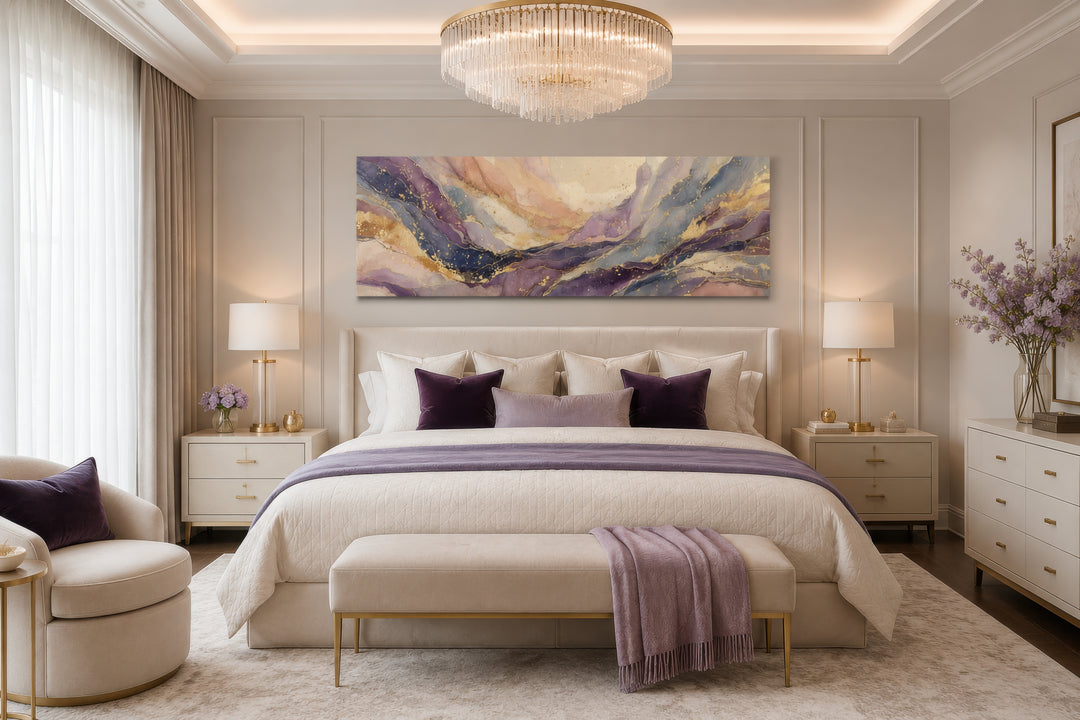 Purple and gold marble abstract framed canvas wall art displayed above a bed in a modern bedroom.