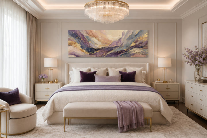 Purple and gold marble abstract framed canvas wall art displayed above a bed in a modern bedroom.