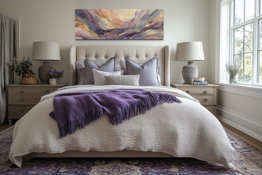Purple and gold marble abstract framed canvas wall art displayed above a bed in a modern bedroom.