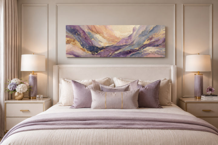 Purple and gold marble abstract framed canvas wall art displayed above a bed in a modern bedroom.
