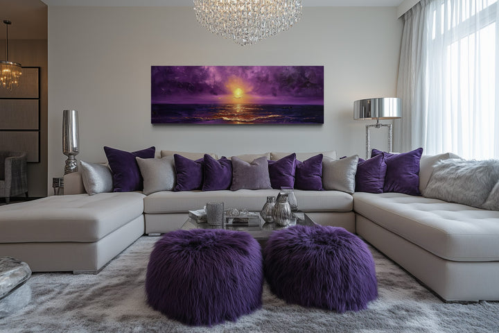 Purple Gold Ocean Sunset Long Horizontal Living Room Wall Art