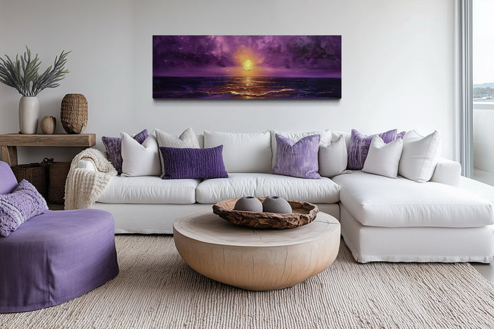 Purple Gold Ocean Sunset Long Horizontal Living Room Wall Art