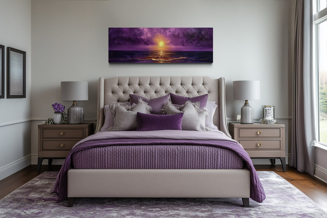 Purple Gold Ocean Sunset Long Horizontal Living Room Wall Art