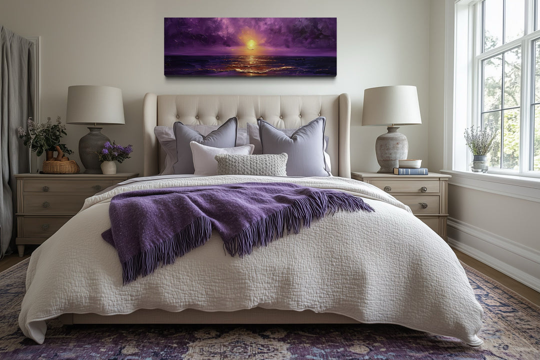 Purple Gold Ocean Sunset Long Horizontal Living Room Wall Art