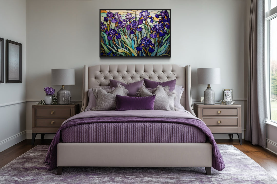 Purple Irises Field Stained Glass Style Art Deco Wall Art