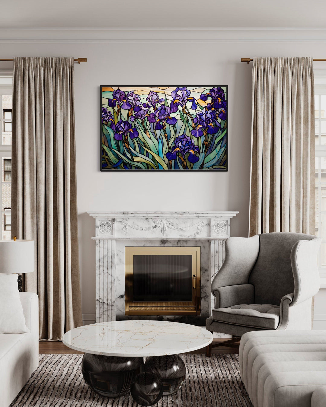 Purple Irises Field Stained Glass Style Art Deco Wall Art hanging above a marble fireplace.
