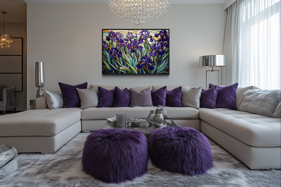 Purple Irises Field Stained Glass Style Art Deco Wall Art hanging above a modern sectional sofa.