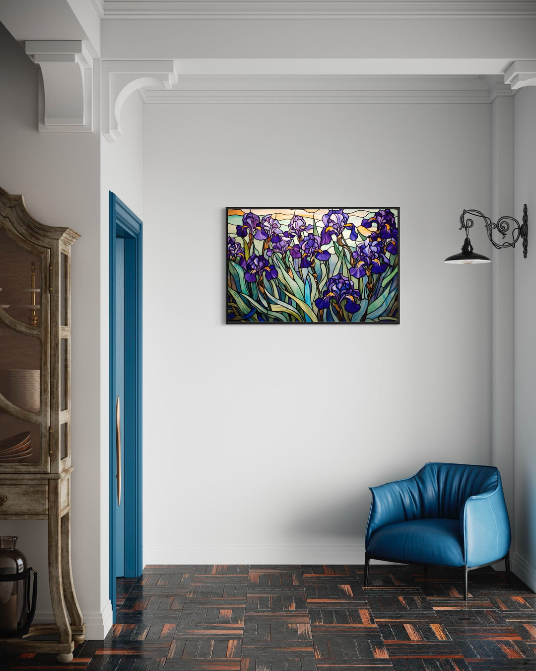 Purple Irises Field Stained Glass Style Art Deco Wall Art