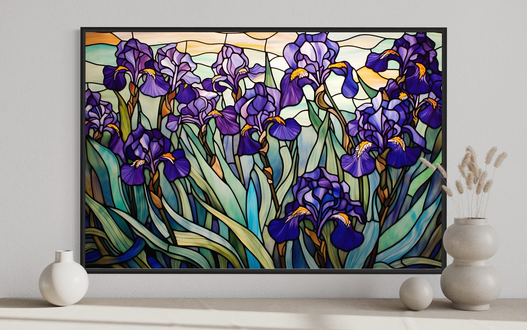 Purple Irises Field Stained Glass Style Art Deco Wall Art