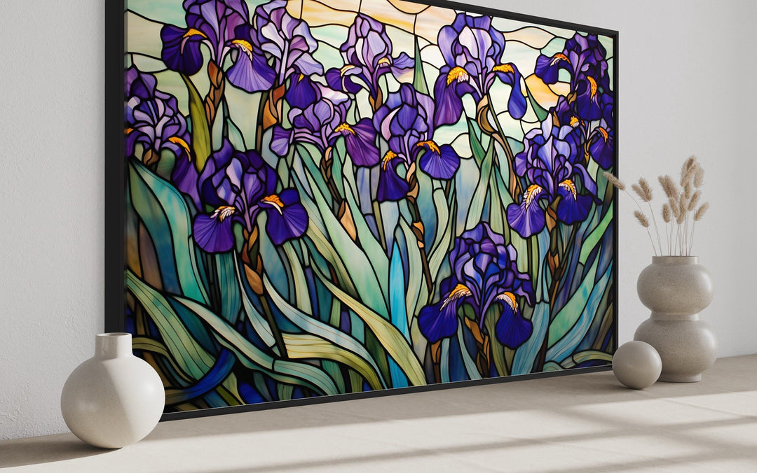 Purple Irises Field Stained Glass Style Art Deco Wall Art