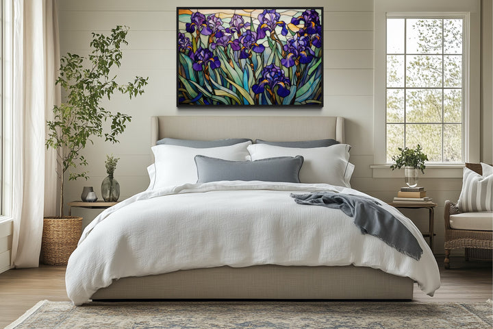 Purple Irises Field Stained Glass Style Art Deco Wall Art