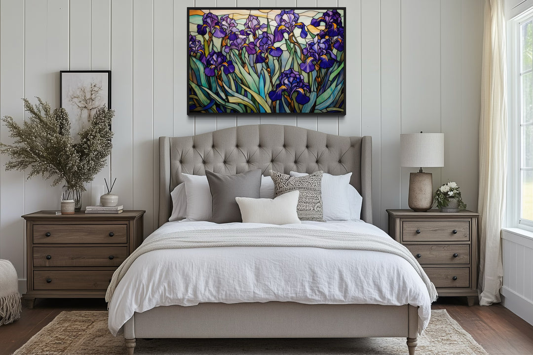 Purple Irises Field Stained Glass Style Art Deco Wall Art