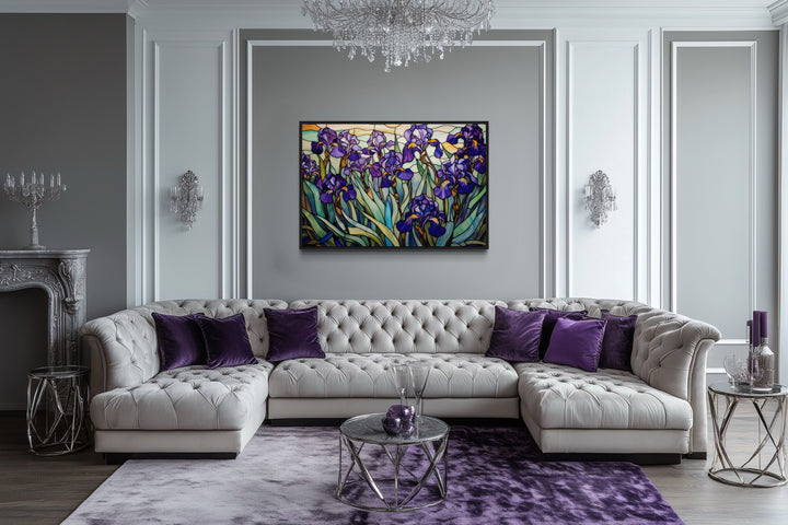 Purple Irises Field Stained Glass Style Art Deco Wall Art